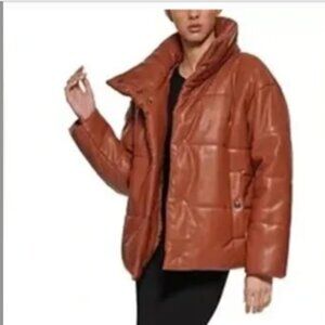 DKNY Faux Leather Camel Brown Puffer Jacket Size XS (Fits like Small)